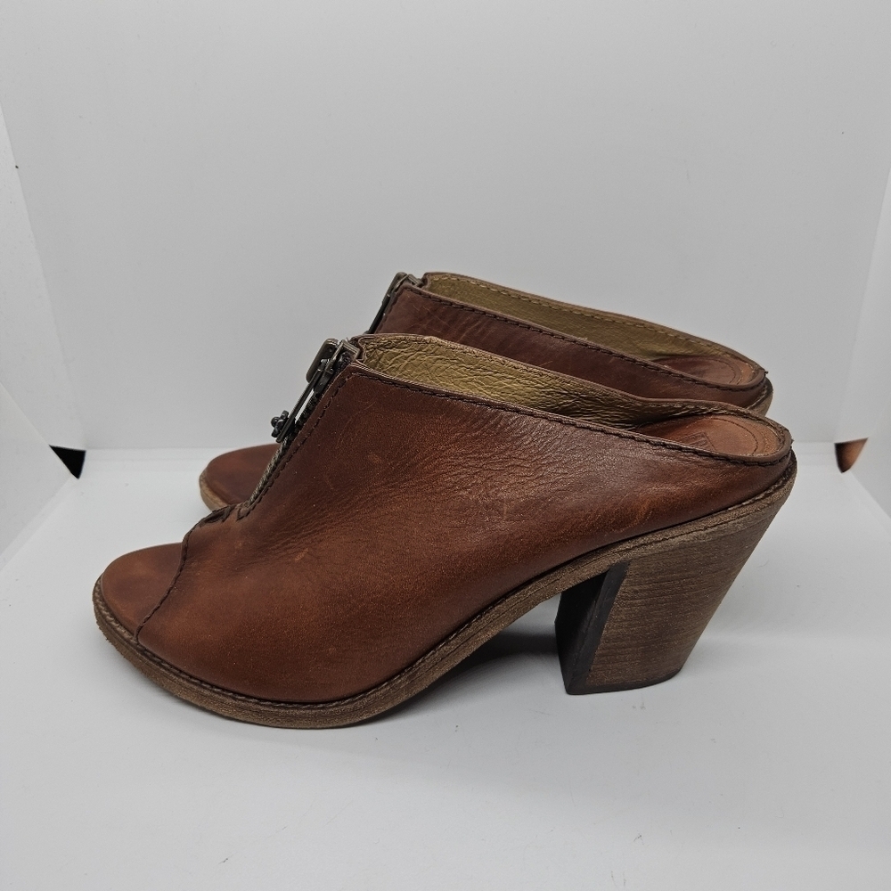 Frye cognac Izzy Zip moto sandal heeled mule peeptoe size 9B - Picture 4 of 13